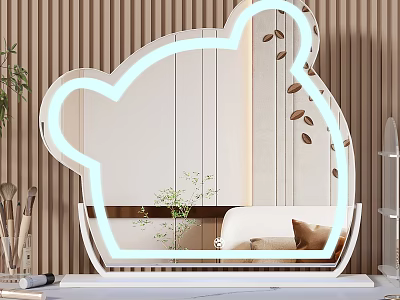 Cute Bear Shaped Mirror With Blue Neon Light And Wooden Striped Wall Background 3d model