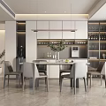 Modern Restaurant Interior Design With Round Dining Table Pendant Lights And Chairs 3d model
