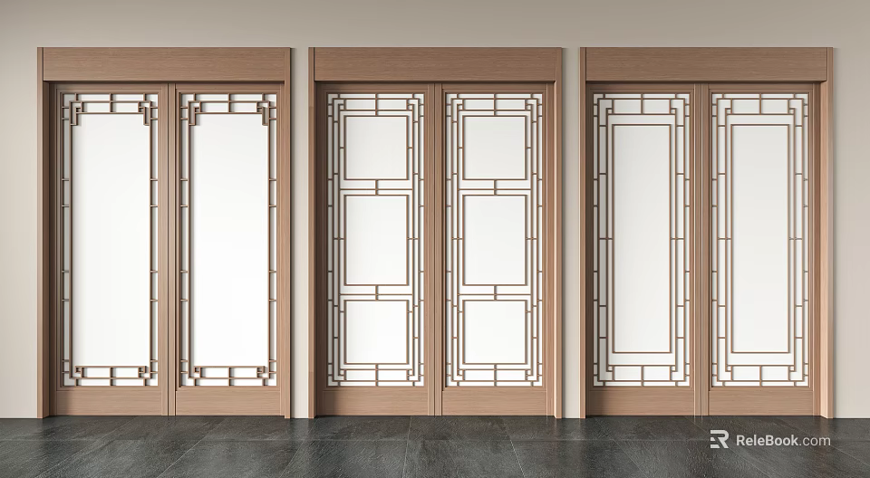 Wooden Frame Sliding Doors With Glass Panels And Grid Pattern Interior 3d model