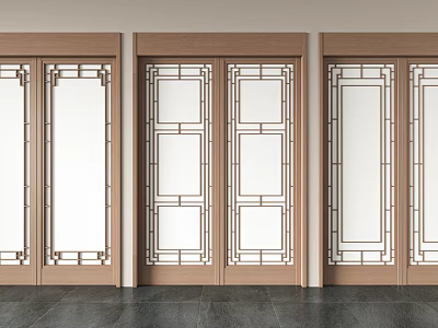 Wooden Frame Sliding Doors With Glass Panels And Grid Pattern Interior 3d model