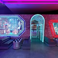 Modern Bar Interior Design With Bar Counter Wine Bottles Black Stools And Purple Blue Lighting