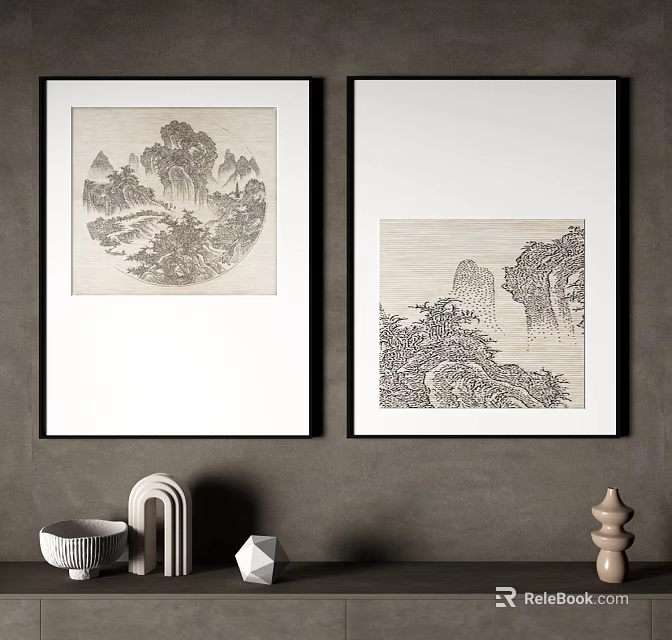 Chinese Landscape Paintings In Black Frames On Gray Wall With Modern Decor 3d model