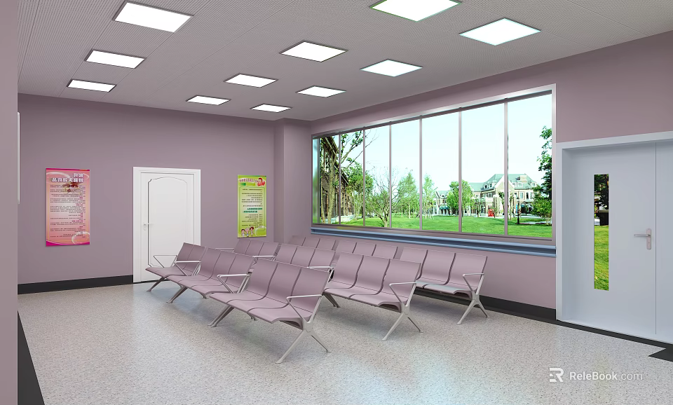 Comfortable Waiting Room With Neatly Arranged Pink Chairs And Large Windows Showing Green Landscape 3d model 