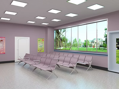 Comfortable Waiting Room With Neatly Arranged Pink Chairs And Large Windows Showing Green Landscape 3d model