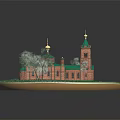 Traditional Church Building With Red Brick Walls Green Roofs And Tower On Circular Grass Base