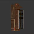Arched Architectural Window With Stone Wall Wooden Frame Red Curtains And Lattice Glass