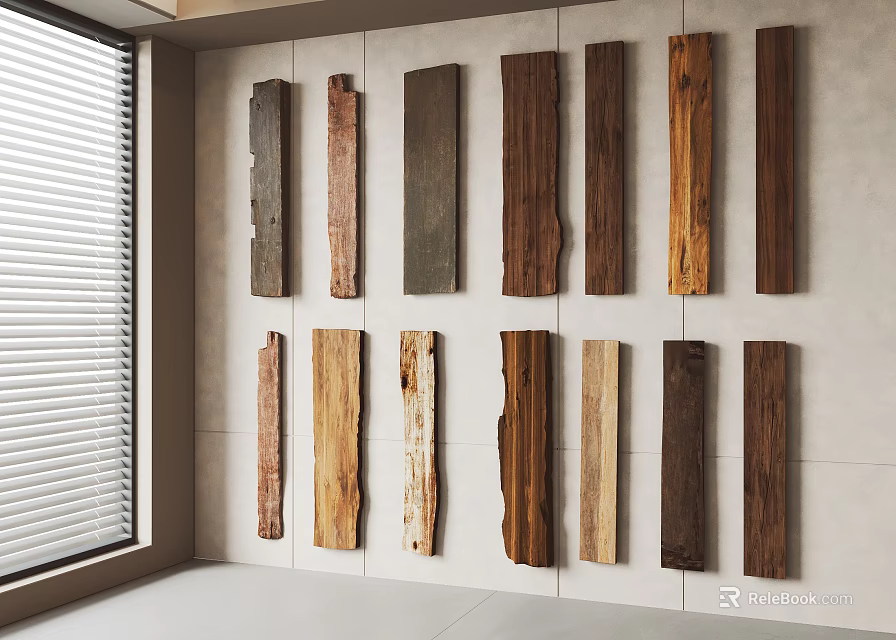Different Types of Wooden Planks Displayed on Stone Wall in Modern Interior 3d model 