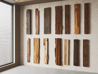 Different Types of Wooden Planks Displayed on Stone Wall in Modern Interior 3d model