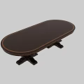 Oval Shaped Dark Brown Wooden Desk With Carved Edge Details And Double Pedestal Base