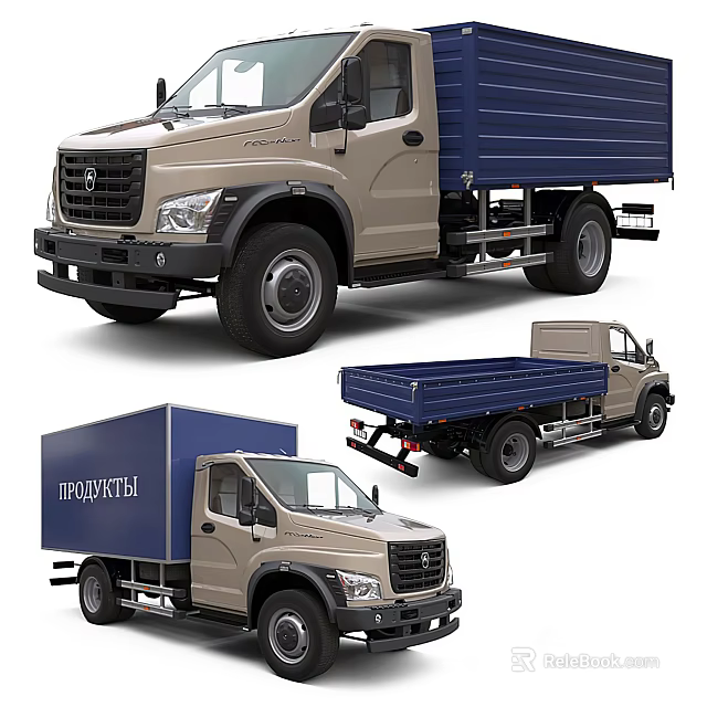 Various Types of Beige Trucks With Blue Cargo Beds Displayed From Different Angles 3d model 