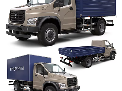 Various Types of Beige Trucks With Blue Cargo Beds Displayed From Different Angles 3d model