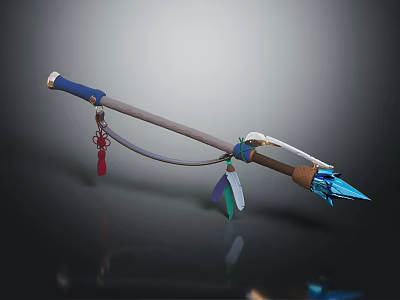 Decorative Spear Featuring Blue Spearhead Gray Shaft Blue Grip And Red Green Tassels 3d model