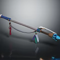 Decorative Spear Featuring Blue Spearhead Gray Shaft Blue Grip And Red Green Tassels