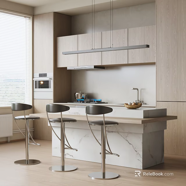 Modern Kitchen Interior With Marble Bar Counter Black Bar Stools And Light Cabinets 3d model