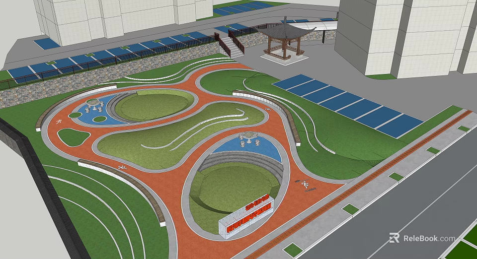 Modern Park Landscape With Curved Pathways Green Lawns Small Ponds Solar Panel Area And Pavilion 3d model 