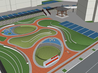 Modern Park Landscape With Curved Pathways Green Lawns Small Ponds Solar Panel Area And Pavilion 3d model