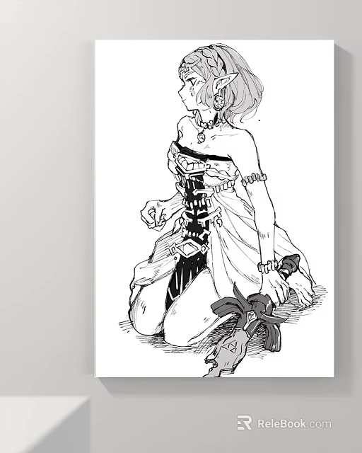Monochrome Character Illustration With Kneeling Figure In Corset Dress And Ornamental Accessory 3d model 