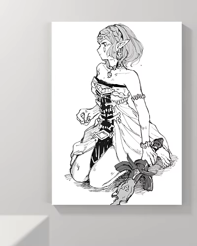 Monochrome Character Illustration With Kneeling Figure In Corset Dress And Ornamental Accessory 3d model