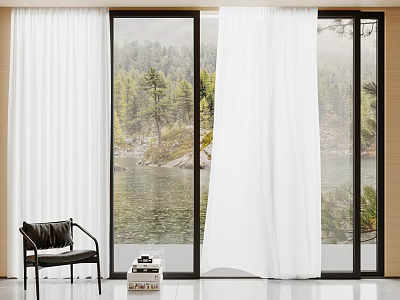 White Sheer Curtains For Large Window With Natural Lake And Tree View 3d model