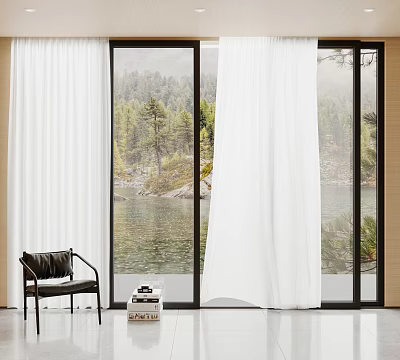 White Sheer Curtains For Large Window With Natural Lake And Tree View 3d model