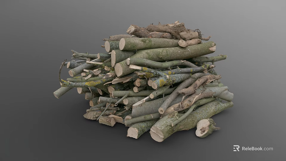 Natural Wood Logs and Tree Branches Stacked in Pile with Cut Timber Pieces 3d model 