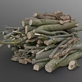 Natural Wood Logs and Tree Branches Stacked in Pile with Cut Timber Pieces