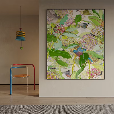 Vibrant Floral And Bird Landscape Painting In Interior Space 3d model