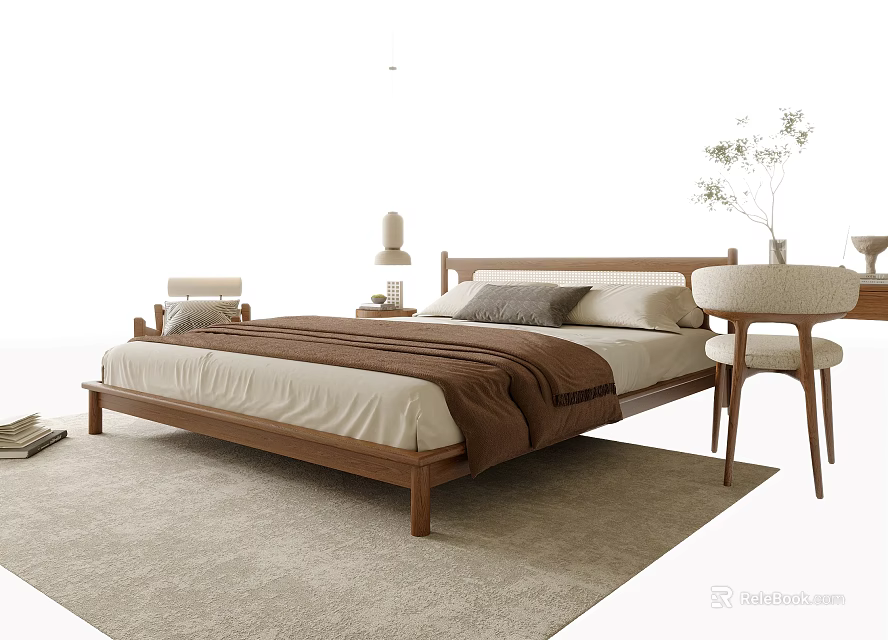 Modern Wooden Double Bed With Headboard Mattress Blanket Nightstand Lamp And Rug 3d model 