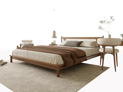 Modern Wooden Double Bed With Headboard Mattress Blanket Nightstand Lamp And Rug 3d model