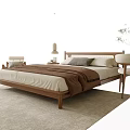 Modern Wooden Double Bed With Headboard Mattress Blanket Nightstand Lamp And Rug