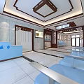 Traditional Chinese Health Center Waiting Area With Wooden Carved Frames And Benches