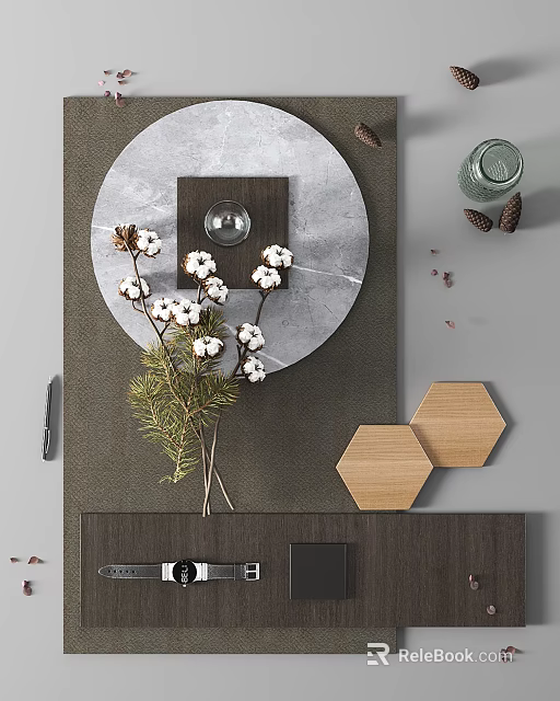 Decorative Ornament Set With Cotton Bouquet Pine Branches Wooden Hexagons Glass Jar And Round Plate 3d model 