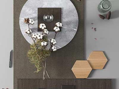 Decorative Ornament Set With Cotton Bouquet Pine Branches Wooden Hexagons Glass Jar And Round Plate 3d model