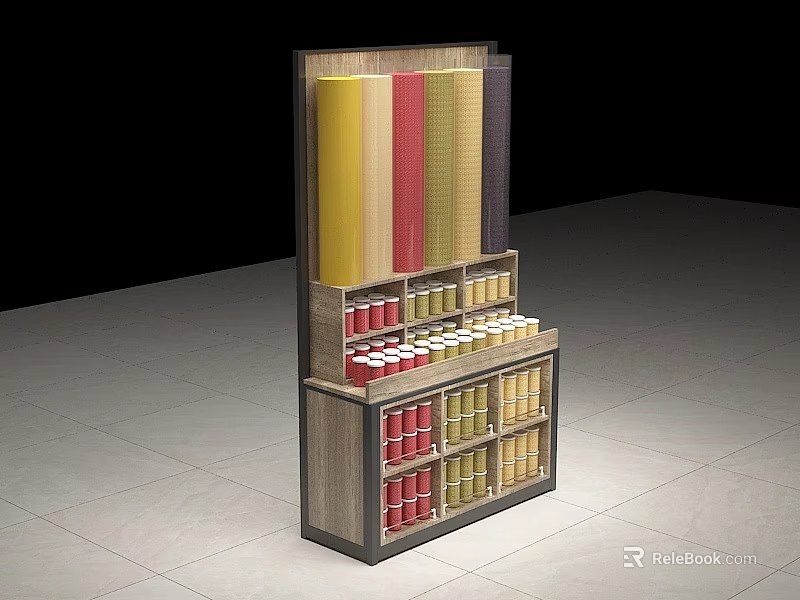 Multi Tiered Wooden Display Shelf Featuring Colored Food Cans And Packaging 3d model