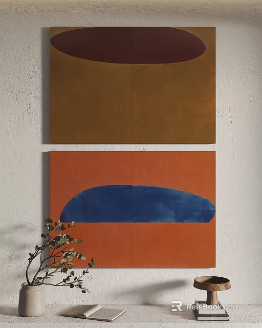 Two Abstract Wall Paintings With Brown Panel And Orange Background Blue Curved Shape 3d model