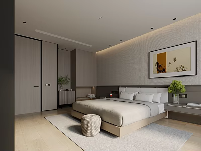 Modern Hotel Guest Room Interior With Large Bed Nightstand And Decorative Painting 3d model