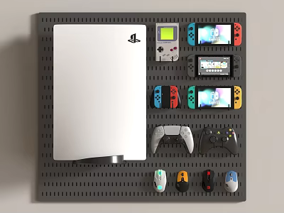 White PlayStation Console with Game Controllers and Gaming Mice on Wall Mount 3d model