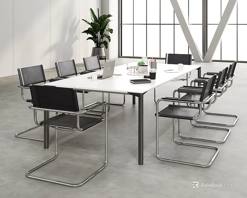 Modern Conference Room With Long White Table Black Metal Frame Chairs Laptop Green Plant 3d model 