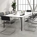 Modern Conference Room With Long White Table Black Metal Frame Chairs Laptop Green Plant