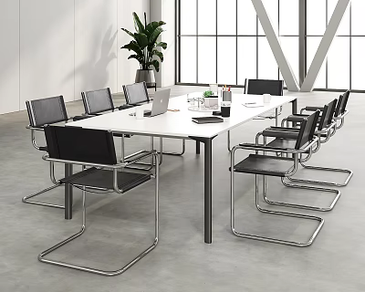 Modern Conference Room With Long White Table Black Metal Frame Chairs Laptop Green Plant 3d model