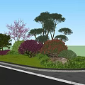 Vibrant Flower Landscape with Pink Flowering Tree Green Pine Red Orange Shrubs Grass Stone Pavement