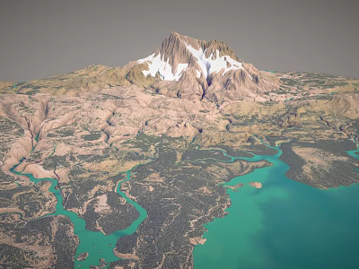 Breathtaking Natural Landscape With Snow Capped Mountain Winding Rivers And Turquoise Lakes 3d model