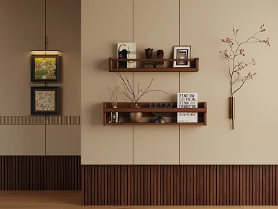 Modern Interior Wall With Beige Finish Wooden Shelves Branch Decor And Lamp 3d model