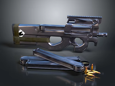 Tactical Gun with Metallic Finish Magazines and Bullets on Reflective Surface 3d model