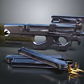 Tactical Gun with Metallic Finish Magazines and Bullets on Reflective Surface