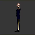Game Movie Character With Bald Head In Gray Uniform And Gold Accents Standing Arms Outstretched
