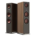 Elegant Floorstanding Audio Speakers With Multiple Circular Drivers And Wooden Cabinet Design