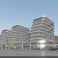 Modern Commercial Complex Exterior With Green Roof LED Screens And Pedestrian Activity