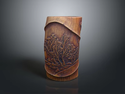 Handcrafted Wooden Pen Holder With Carved Tree Landscape Design For Desk Decor 3d model