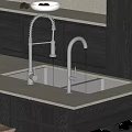 Modern Black Quartz Kitchen Sink With Double Bowl Pull Down Faucet And White Countertop